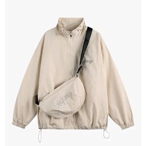 Silent Vortex Men's 2XL - Zip Up Drawstring Lightweight Windbreaker Jacket Beige